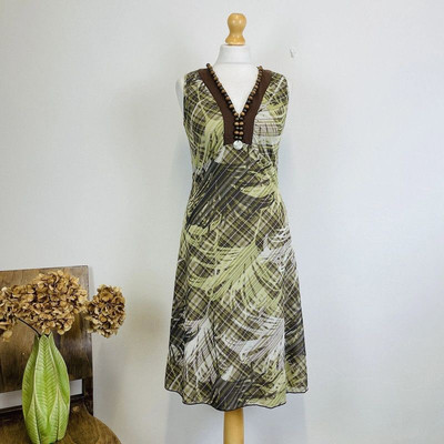 Mexx Green White Brown Graphic Leaf Print Beaded Neckline Sleeveless Dress 10