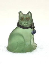 Vintage Czech Green Glass Cat Cracker Jack Prize Charm w/ Marked Collar
