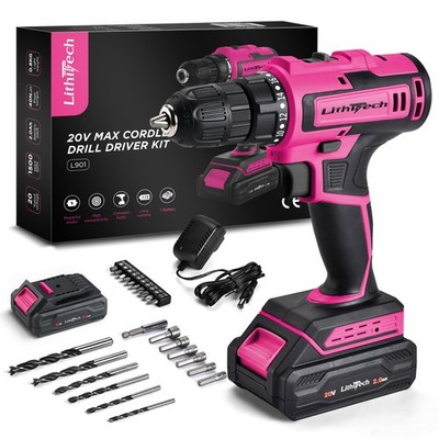 20V Pink Cordless Drill Set for Women - with 2.0Ah Battery & Charger, 3/8'' Ke...