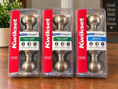 3 Kwikset Satin Nickel Door Knobs NEW   2 Hall Closet + 1 Bed Bath Microban