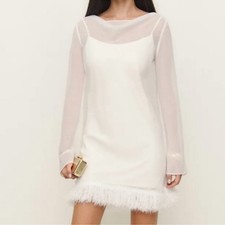Reformation Tetty Long Sleeve Mini Dress in Ivory Faux Fur Hem Size 2