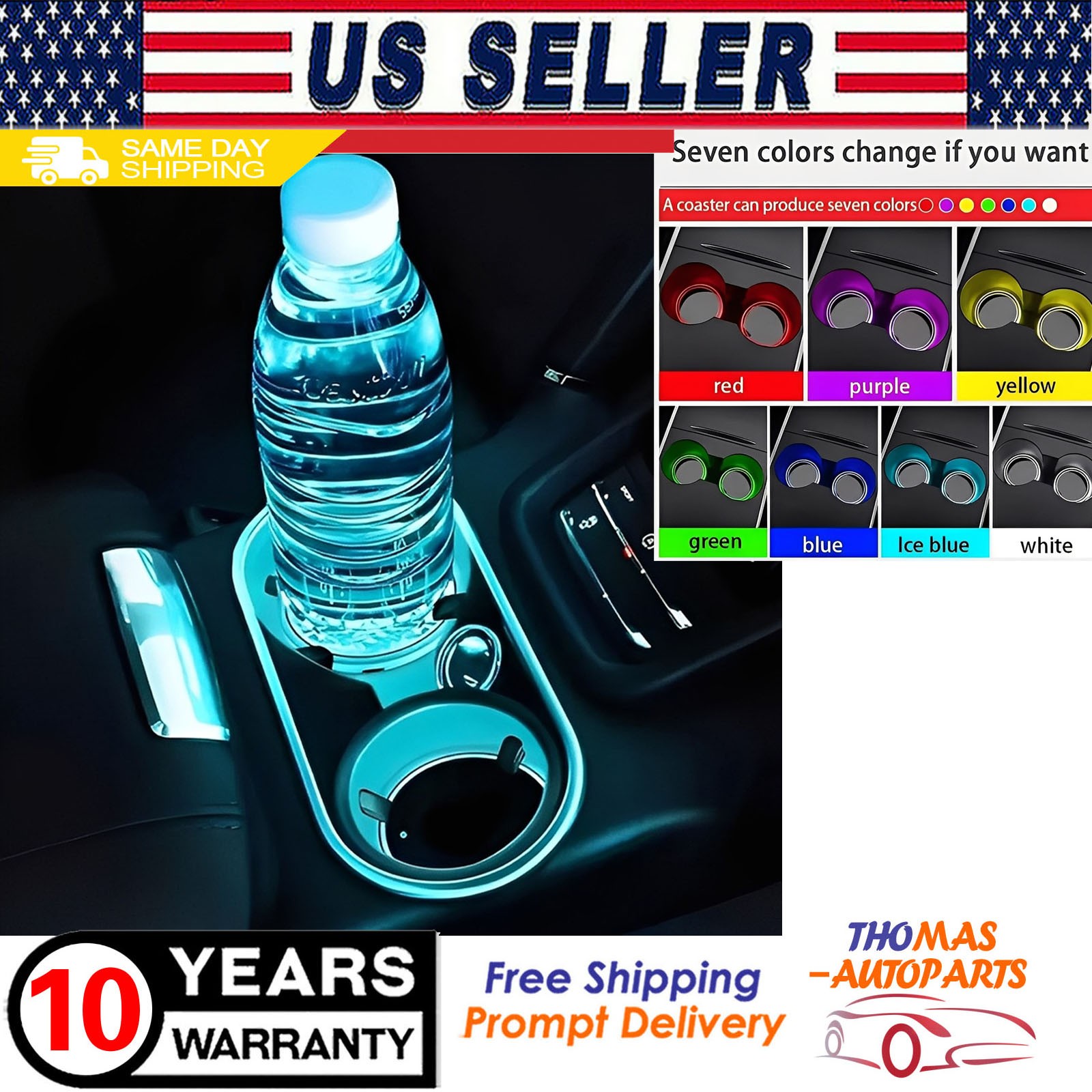 7-Color LED Car Cup Holder Coasters with Light Sensor, Ambient Atmosphere Lighti