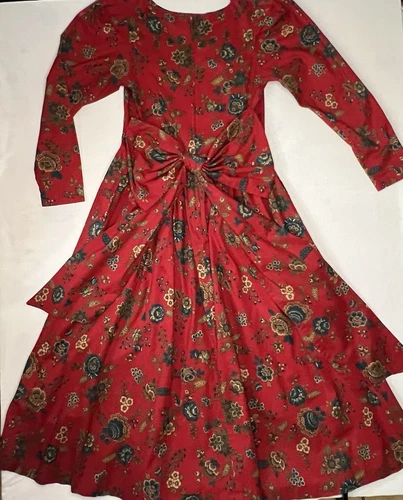 Vintage 80s Misty Lane Red Floral Prairie Dress Bow Back Cottagecore Size 9/10
