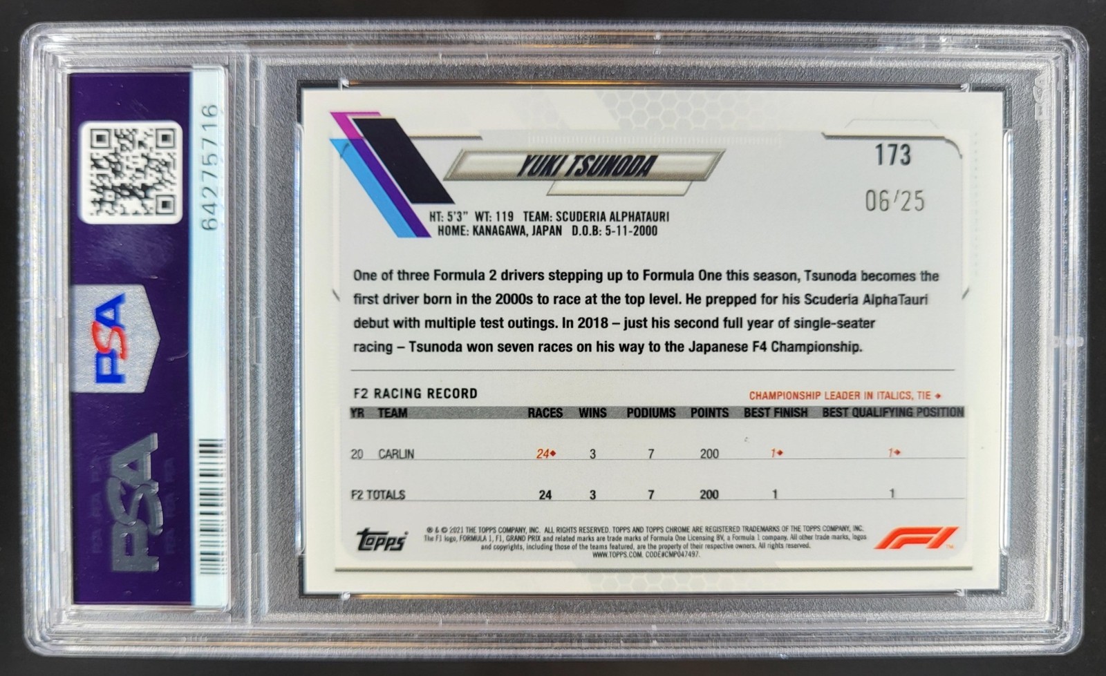 2021 Topps Chrome Formula 1 Yuki Tsunoda Orange Wave Refractor /25 RC PSA 10 MC7 view 2