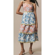 Farm Rio x Anthropologie Linen Blend Tiered Ric Rac Midi Dress Sz XL NWT