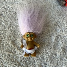 Vintage Baby TROLL Doll White Diaper Bib Russ 4" Figure purple Hair BROWN Eyes