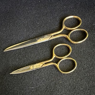 Two Vintage Sewing Crafting Scissors Made in Germany Gold Handles 5'' and 3-1/2''