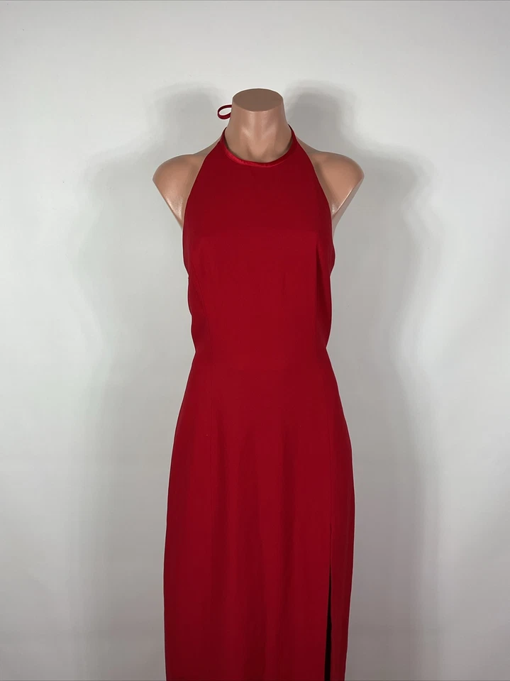 Vestido de noite longo vintage anos 90 após seis vermelho espartilho costas gola alta fenda - Imagem 3 de 4