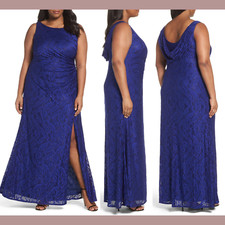 NWT $199 Adrianna Papell [ PLUS 16W ] Cowl Back Stretch Lace Gown Neptune #S444