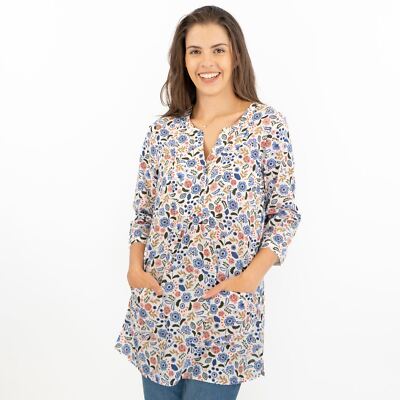 Seasalt Womens Tunic Top Floral Aventurier Cotton Woodblock 3/4 Sleeves Pockets