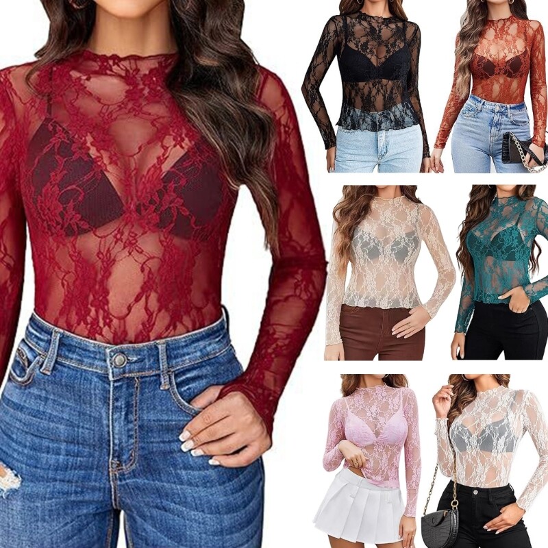 Women Sheer Mesh Top Flower Lace Long Sleeve Mock Neck See Through Slim T-Shirt
