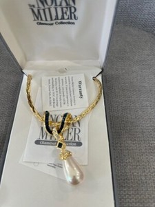 Authentic Nolan Miller Estate Gold Plated Faux Pearl Sapphire Drop Pendent Necklace 24 in