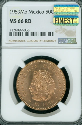 1959  MEXICO 50 CENTAVOS NGC MS66 RED MAC FINEST REGISTRY & SPOTLESS RARE *