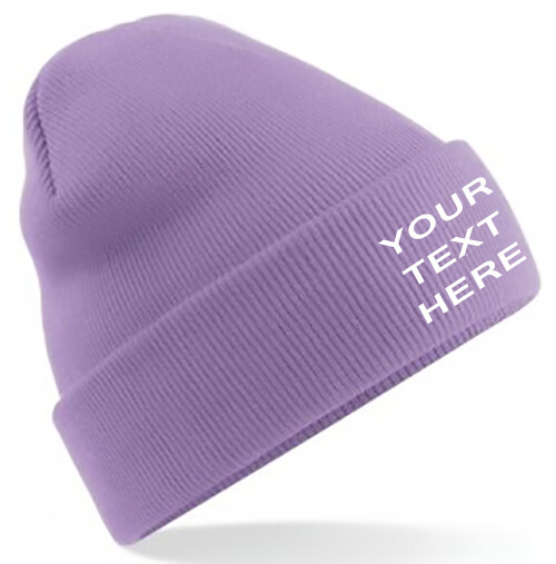 Personalised/Embroidered Mens/Ladies Beanie Hat, Lavender, Text/Logo