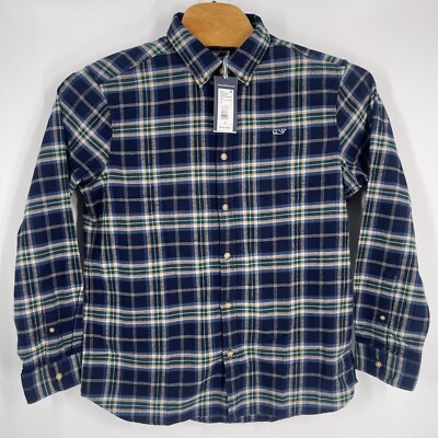 Nwt Vineyard Vines Mens Blue Grid Pattern Whale Dress Button Up Shirt Size L