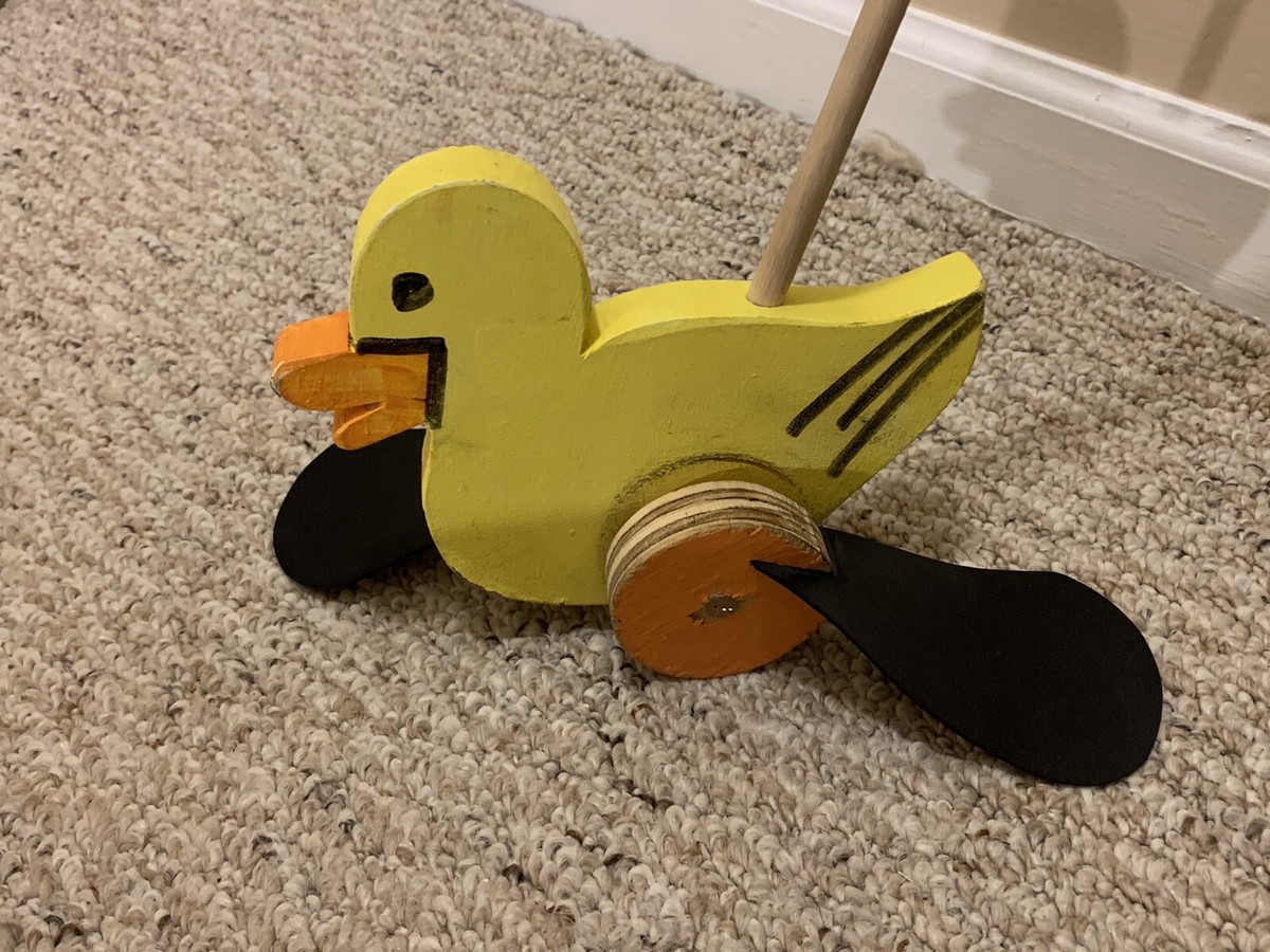 Walking Duck Cart 木製おもちゃ レトロ アヒル Vintage Walking Duck Wooden w/ Rubber Web Feet and Push Stick