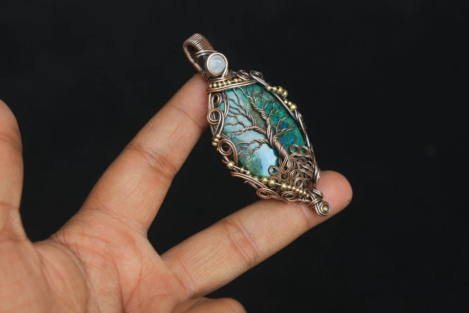 Colgante de crisocola de árbol envoltura de alambre de cobre piedras preciosas joyería regalo para madre NK624 Foto 2 de 4
