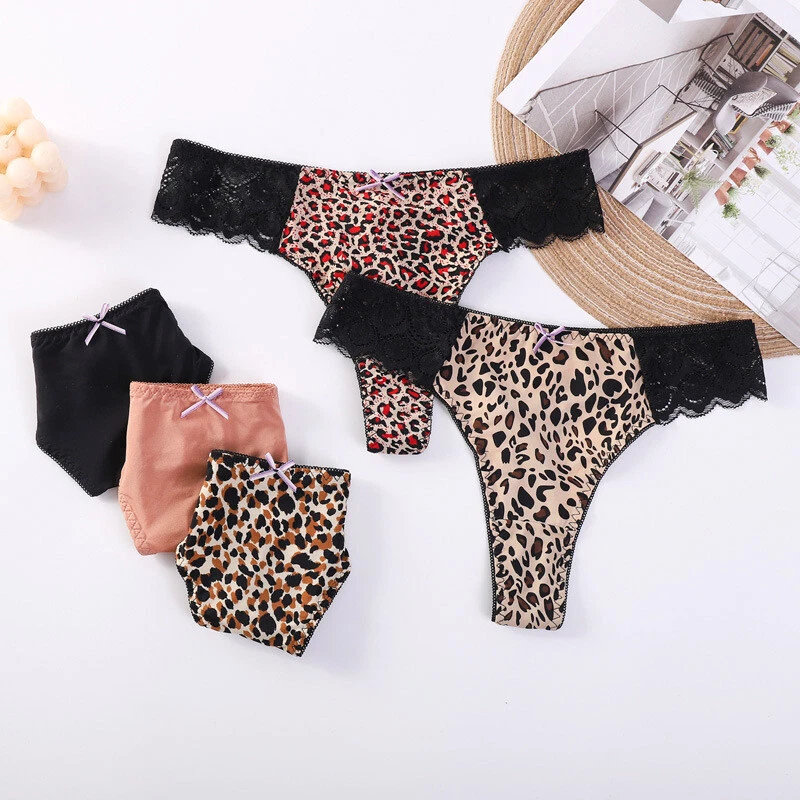 5er Pack Set Sexy Damen Leopard Spitze Höschen Tanga G String Bikini Dessous Slip - Bild 4 von 4