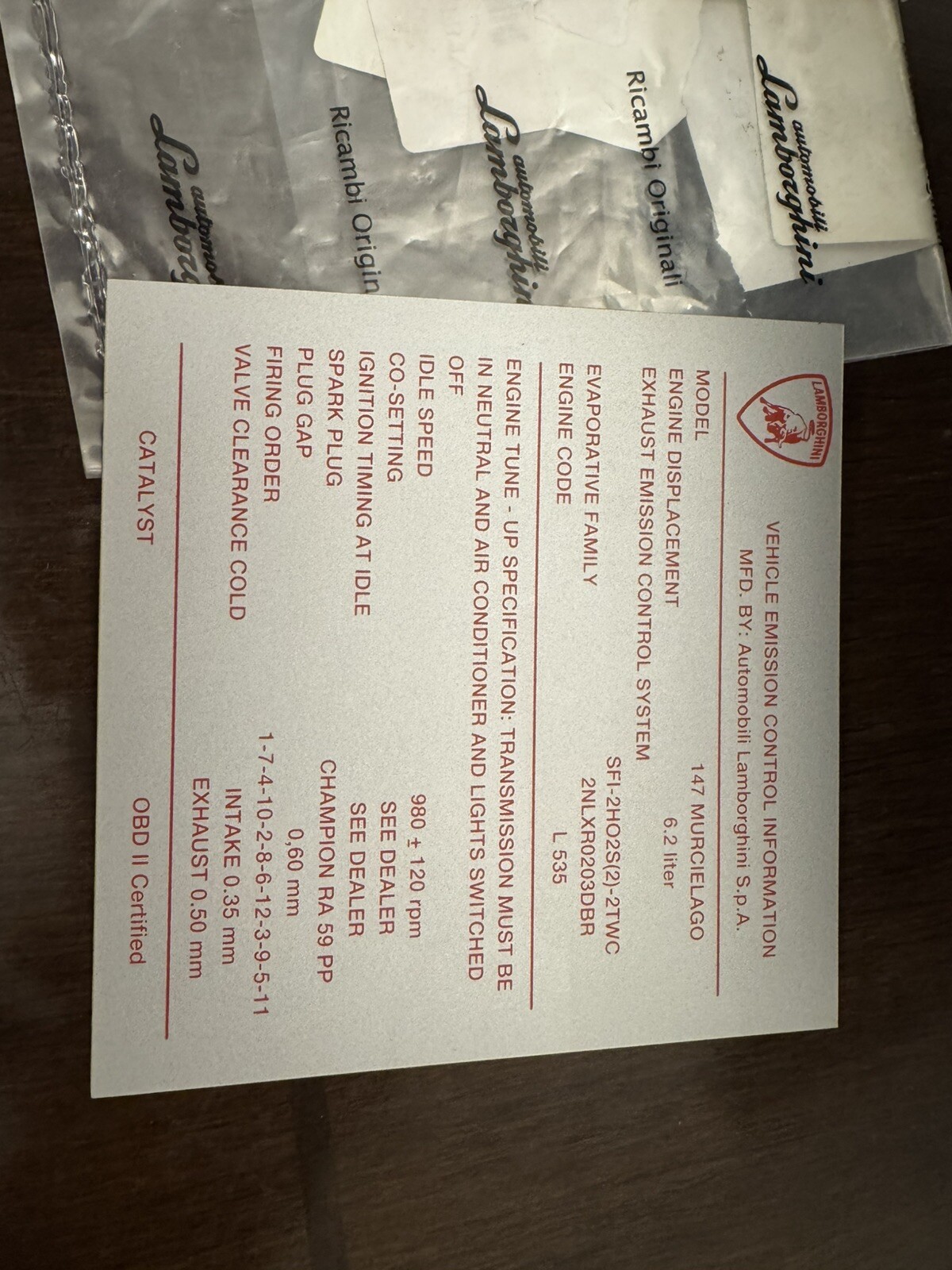 Lamborghini Murcielago OEM Engine Bay & Brake Label Stickers 