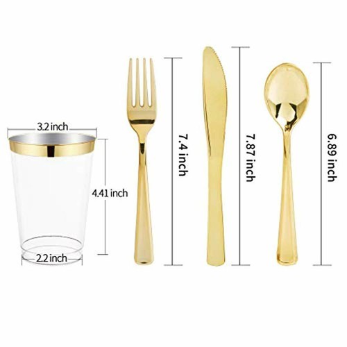 White/Gold Square Plates, Gold Plastic Silverware with Disposable Cups 150 Pcs - Picture 3 of 6
