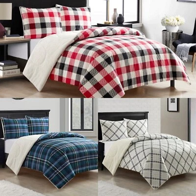 Mainstays Reverse to Sherpa Comforter Set, White, Blue or Red Plaid, F/Q or King