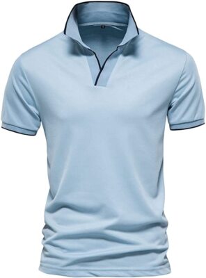 Men's Summer Basic Johnny Collar Short Sleeve Golf Striped Top Polo Shirt