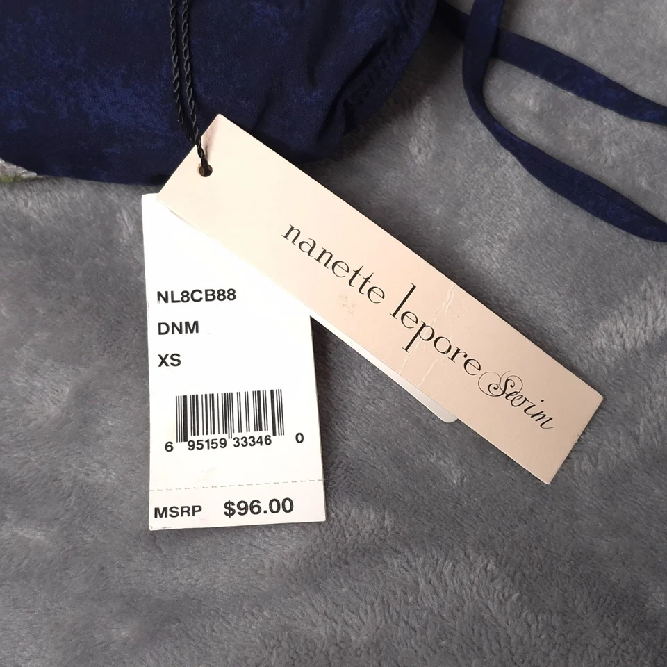 Nanette Lepore Swim XS Azul Marino Crochet Ribete Halter Bikini Top Corbatas Espaldas Ajustables Foto 3 de 4