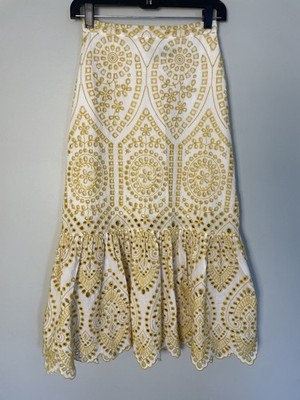 MinkPink Whilma Tiered MIDI Eyelet Gold/White FitNFlare Skirt. Size XS.