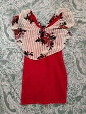 Janice Red Bodycon Dress with Floral Pleated Chiffon Ruffle Neckline