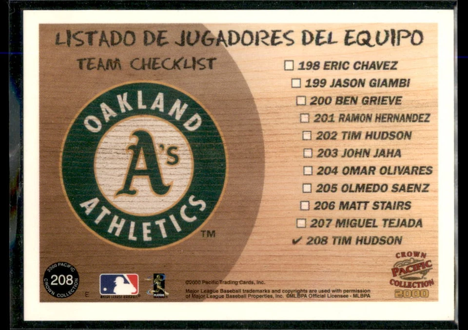 2000 Pacific Crown Collection Tim Hudson #208 Oakland Athletics - Image 2 of 2