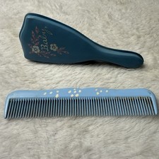 Vintage 1950's Plastic Child's Hair Brush Gold Letters Baby Blue Comb Set