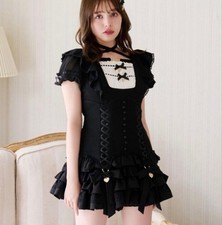 LIZLISA Black Ruffle Ribbon Set Up Women's Dress Fashion Japan