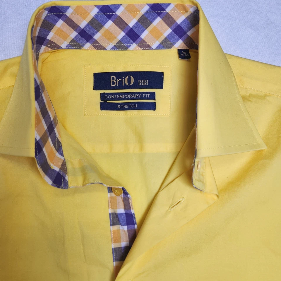BriO 1818 Milano 男式正装衬衫黄色和格子带肘贴尺寸 M 15-15.5 — 第 2/4 张图片