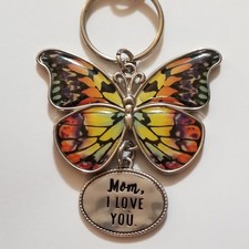 Butterfly Keychain Mom I Love You Charm Silver Tone Colorful Wings Key Chain
