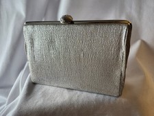 Vintage Women's Evening Clutch Bag Silvery Glittery w/ Chain Rhinestone Clasp