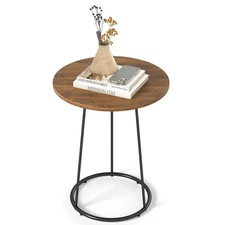 Small Round Side Table, Rustic Brown Wood Accent Table with Metal Frame, Mode...