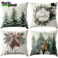 Kissenbezug Weihnachten 45X45 Leinen 4Er Set Mit Rentieren Deko FüR Sofa Couch