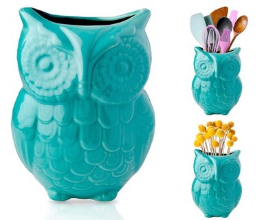 Comfify Owl Utensil Holder, Aqua Blue, Ceramic, 5''x7''x4'', Cute Kitchen Organizer