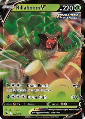 Rillaboom V Holo Ultra Rare SWSH08: Fusion Strike 022/264 NM