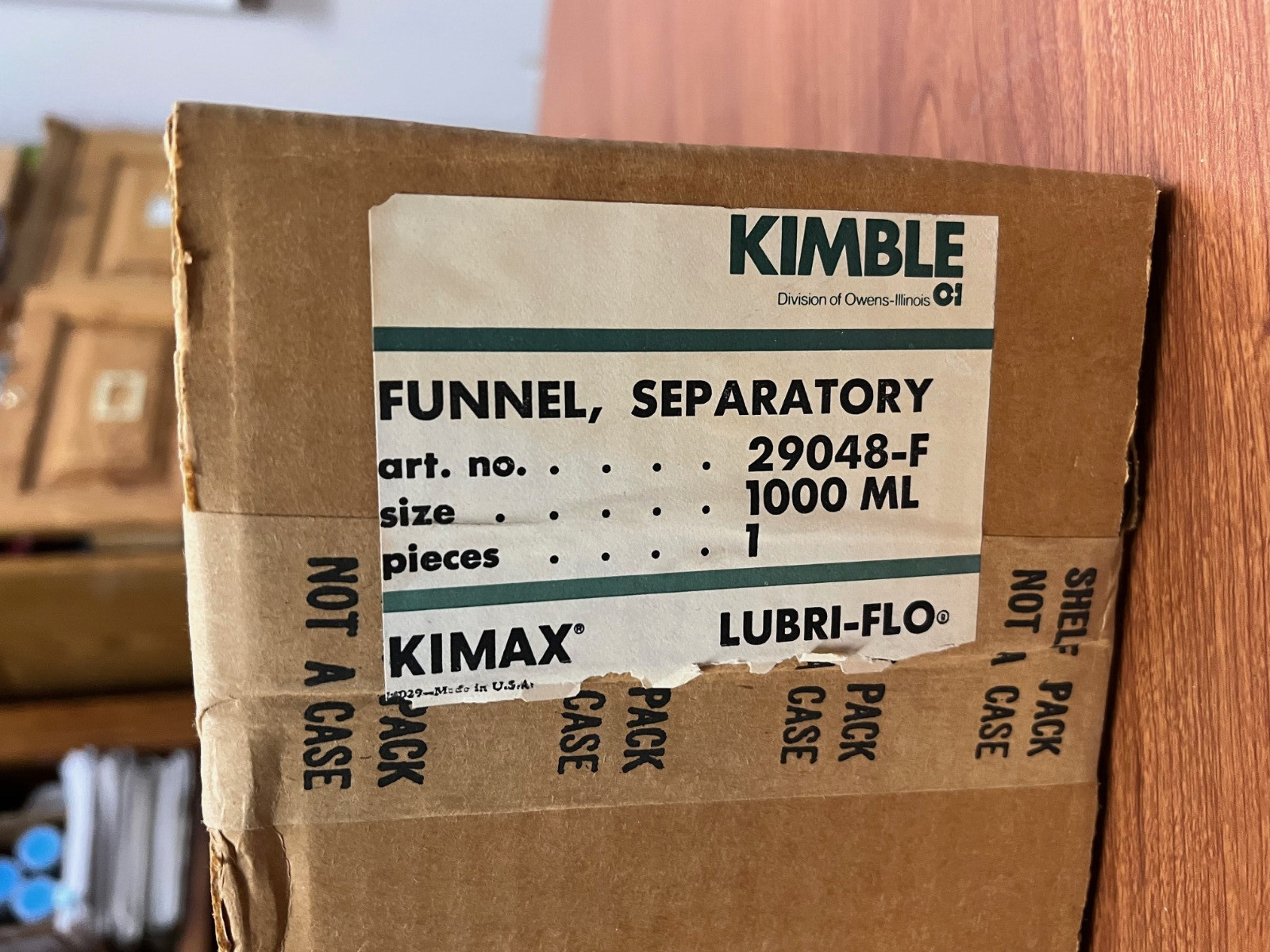 Kimax Kimble Pyrex glass 29048-F 1000 ml Separatory Funnel. New - Open Box