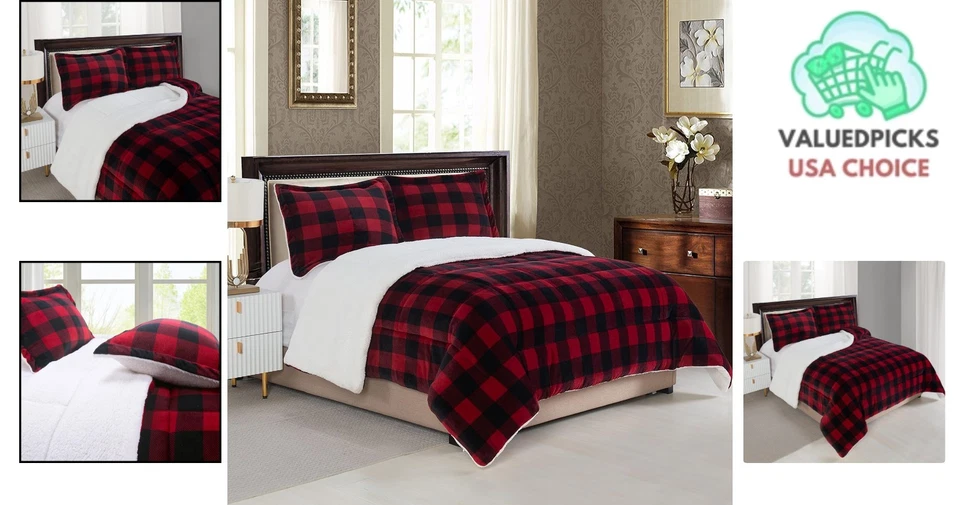 Acogedor juego de edredón Twin XL con respaldo de felpa Sherpa - elegancia a cuadros Buffalo Foto 2 de 4