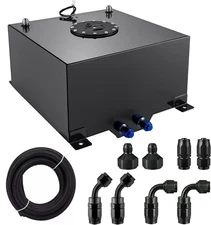 15 GALLON BLACK ALUMINUM FUEL CELL GAS TANK+CAP+LEVEL SENDER+STEEL FUEL LINE KIT