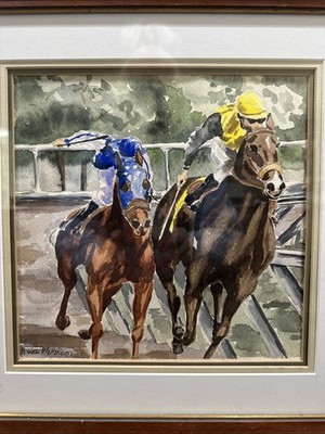 Equestrian Watercolor Painting by B. von Wellsheim Two Horses 15  X 15  Framed