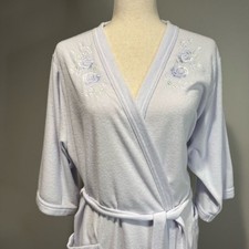 Miss Elaine Vintage Lavender Embroidered Floral Wrap Robe Terry Knit Lounge M