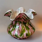 Fenton Art Glass Rose Pink Green Aventurine Ruffled 4" Vase Vasa Murrhina