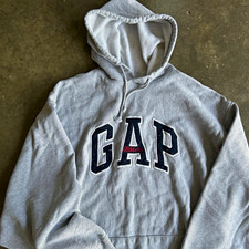 Y2K GAP Men s XL Gray Logo Pullover Hoodie Fleece Cotton Blend Drawstring