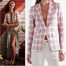 Veronica Beard Blazer Khan Check Print Linen in Red White Black