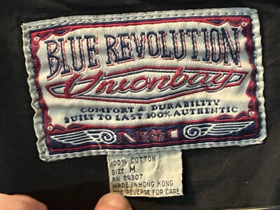 とと vtg Union Bay M Blue Revolution black Denim Jean Jacket Distressed