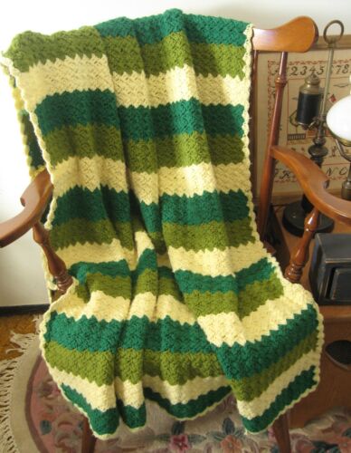 VINTAGE HANDMADE GREEN YELLOW OLIVE CROCHET AFGHAN THROW BLANKET SIZE 78" x 48" - Picture 1 of 9