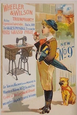 Wheeler & Wilson Victorian Trade Card 1889 No 9 Paris world's Fair Boy Boxer Dog